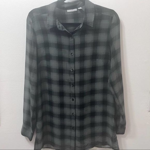 Halogen, Long-Sleeve, Sheer, Button-up, Size Small, Black Plaid - Picture 8 of 12